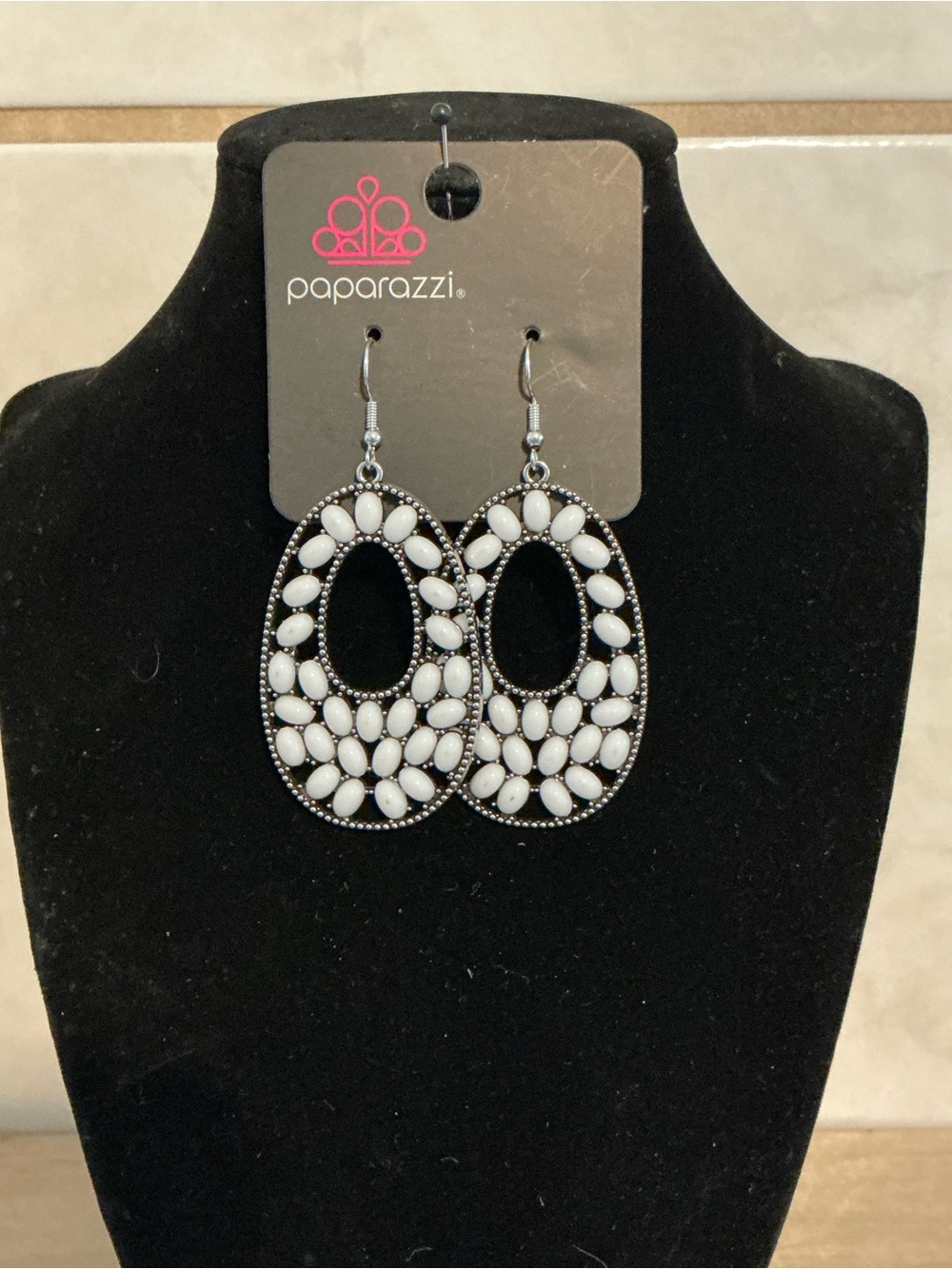 Paparazzi White Oval Beaded Drop Earrings with Silver-Tone Accents